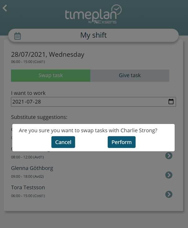 Switching work shifts via the app